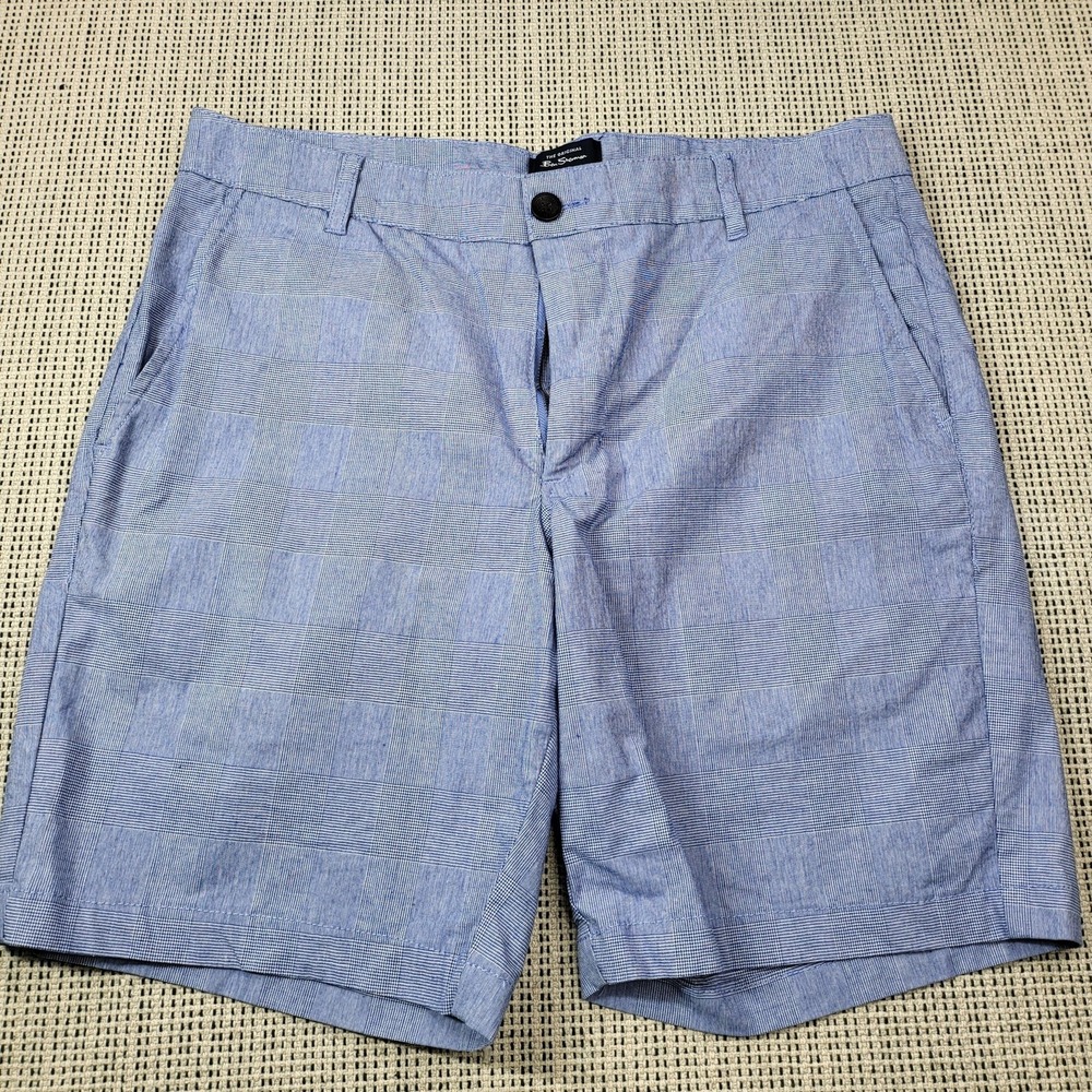Ben Sherman Shorts Mens 32 Blue Check Chino Stretch 8 Inseam Casual Summer